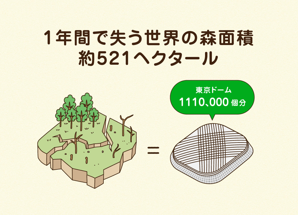 １年間失う世界の森面積約521ヘクタール（東京ドーム111万個分）